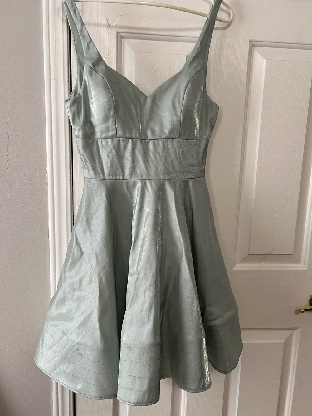 Sequin Hearts Satin V-Neck Fit & Flare Mini Dress in Light Sage